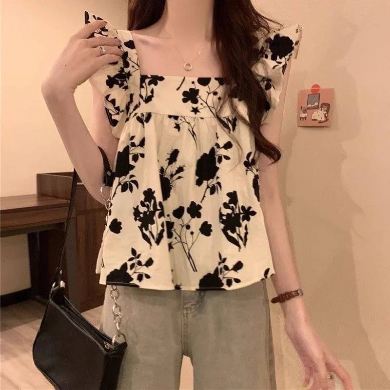 Women Bow Knot Flutter Sleeve Camisole Top Summer Sleeveless Conceal Armpit Fat Babydoll Dopamine Beach