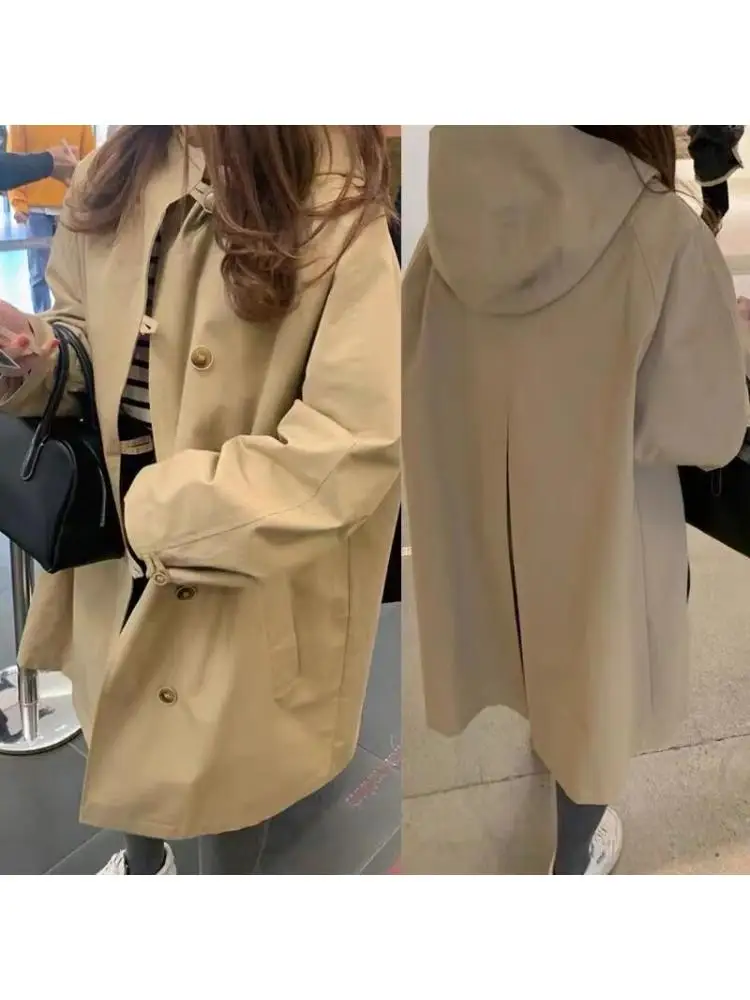 

Новинка весны 202, корейское повседневное свободное женское длинное пальто с капюшоном, универсальная женская ветровка, верхняя одежда, полиэфирное волокно