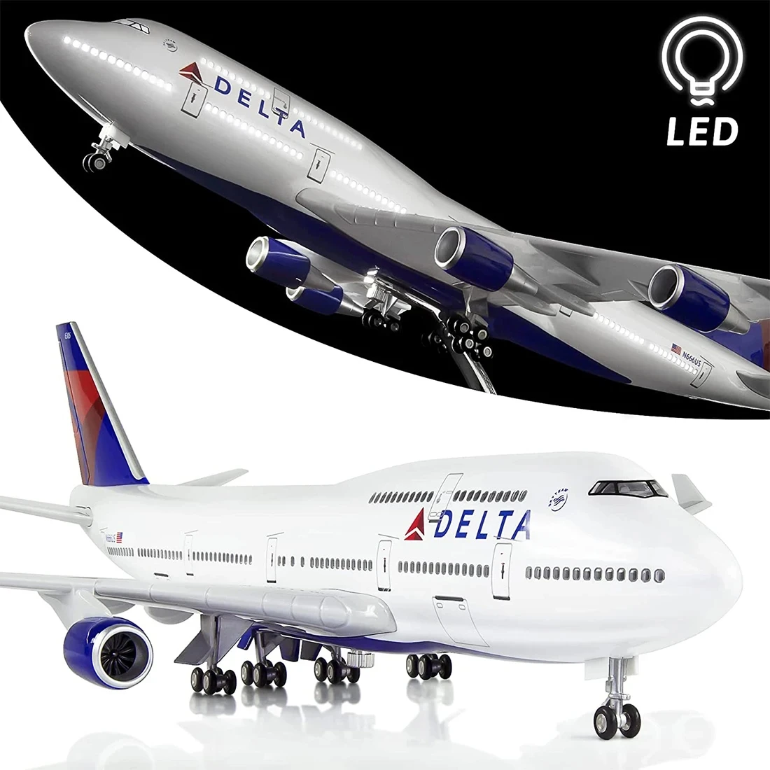 Airplane Model Toys Diecast Resin Delta Boeing 747 Airplane Aircraft Airlines Airways Air Bus with Lights