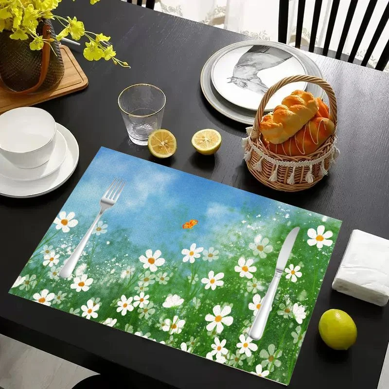 VIKAMA Placemat Daisies Sky Butterflies Print, Waterproof Oil-Proof Heat-Resistant Woven Dining Table Mat for Home