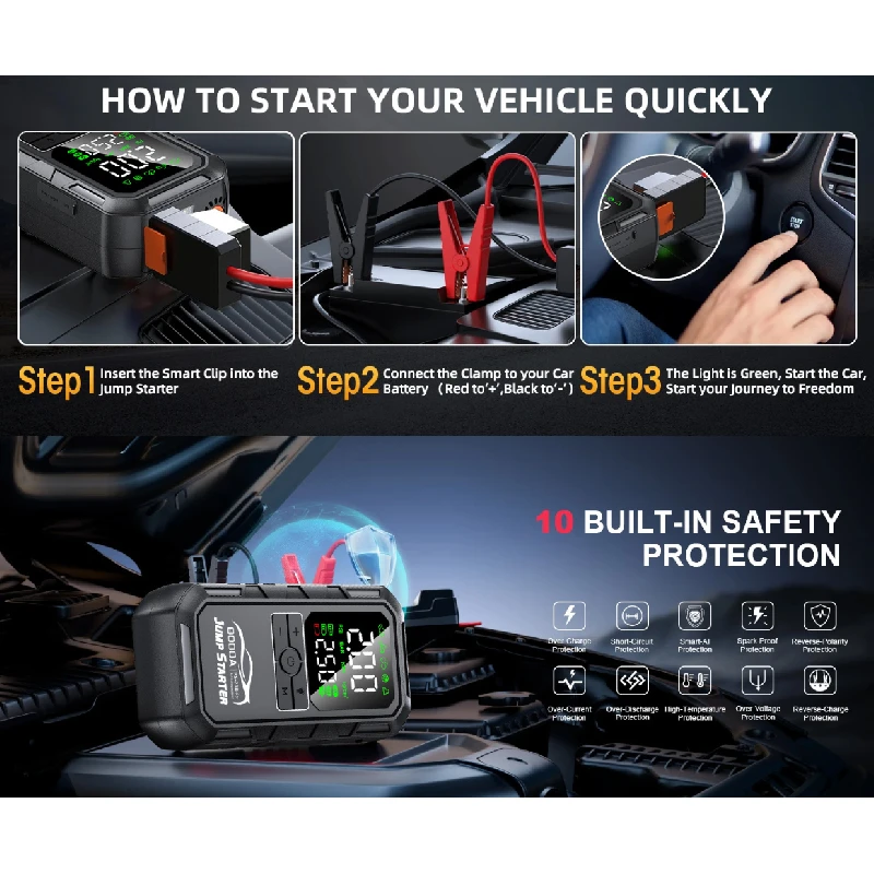 بطارية السيارة كاتب شاحن البنزين الديزل السيارات بدء جهاز الداعم مع مضخة الهواء المحمولة قوة البنك منفاخ الإطارات #5