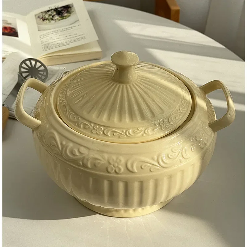 3L Milk Yellow Soup Pot Nordic Vintage Double Eared Bowl Light Luxury Relief Soup Basin Ceramic With Cover Pig Oil Tank