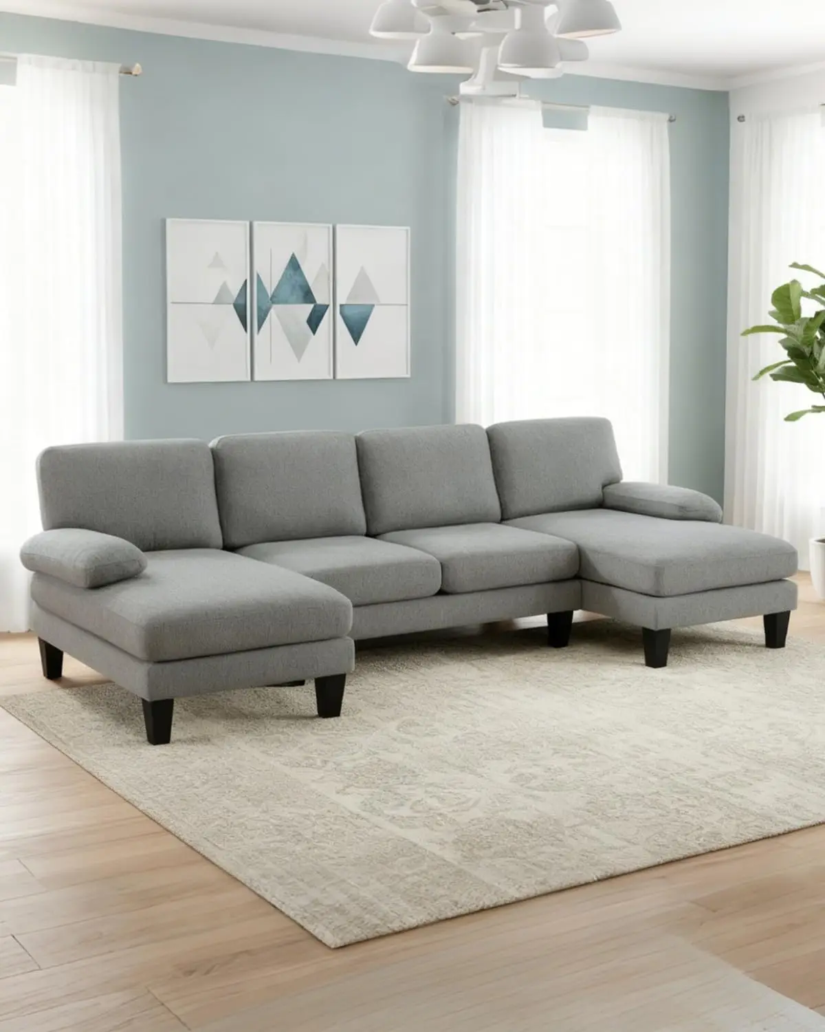 U-Shape Sectional Sofa 4-Seat Chenille Upholstery Double Chaise Wood Grain Legs Living Room Apartment, Customized