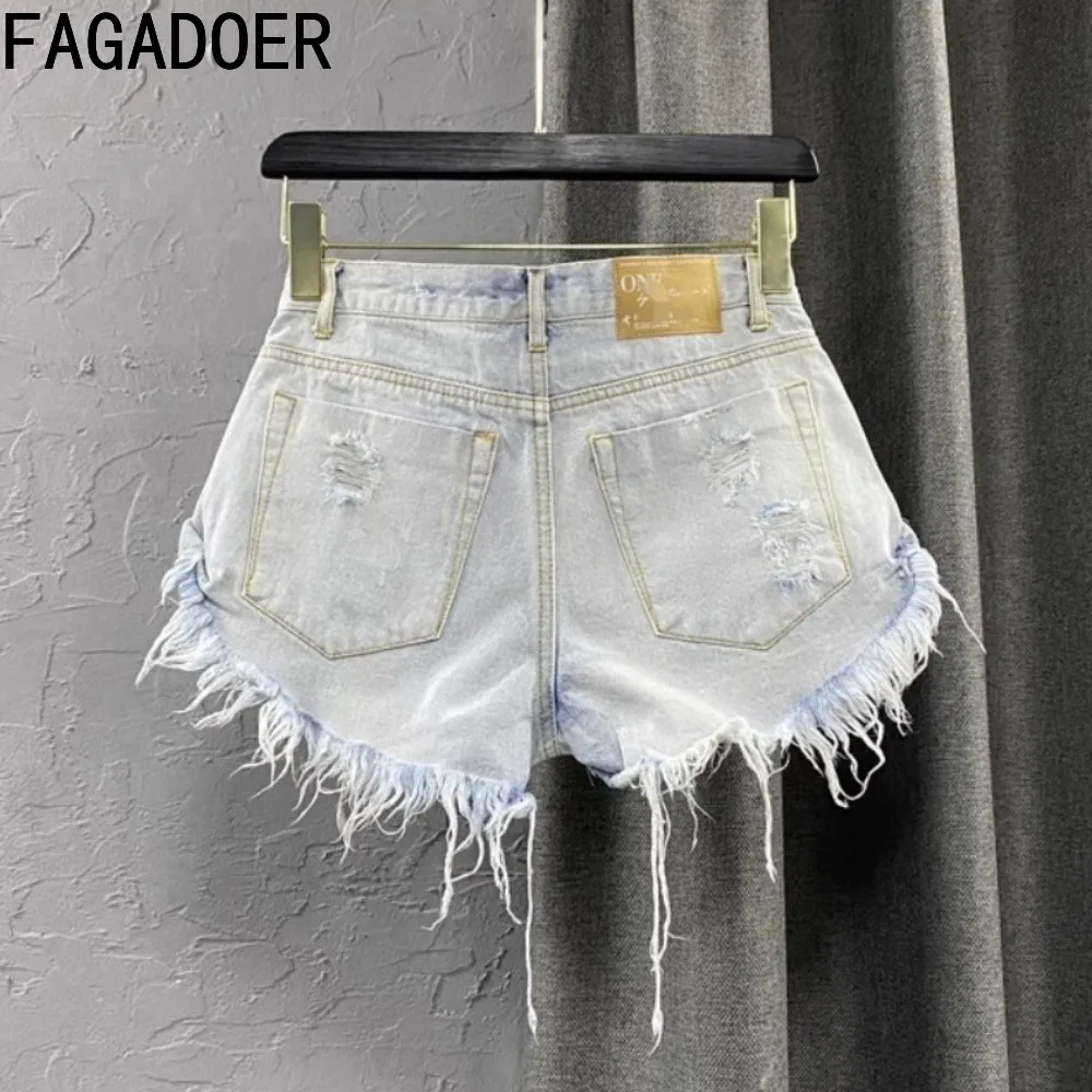 FAGADOER Fashion Trend Denim Tassel Edge Hole Shorts Women Low-waisted Button Pocket Wide Leg Jean Shorts Female Cowboy Bottoms