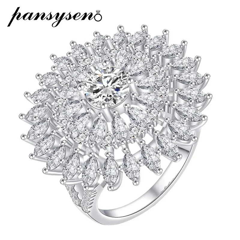 

PANSYSEN 925 Sterling Silver Flower Ring White Sapphire Full Diamond Rings for Women 18K White Gold Fine Jewelry Free Shipping