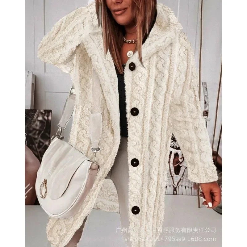 Fuzzy Textured Autumn Jackets Coats Buttoned Trend Plush Long Sleeve Coat Outwear Women Solid Color Fleece Hooded Coats