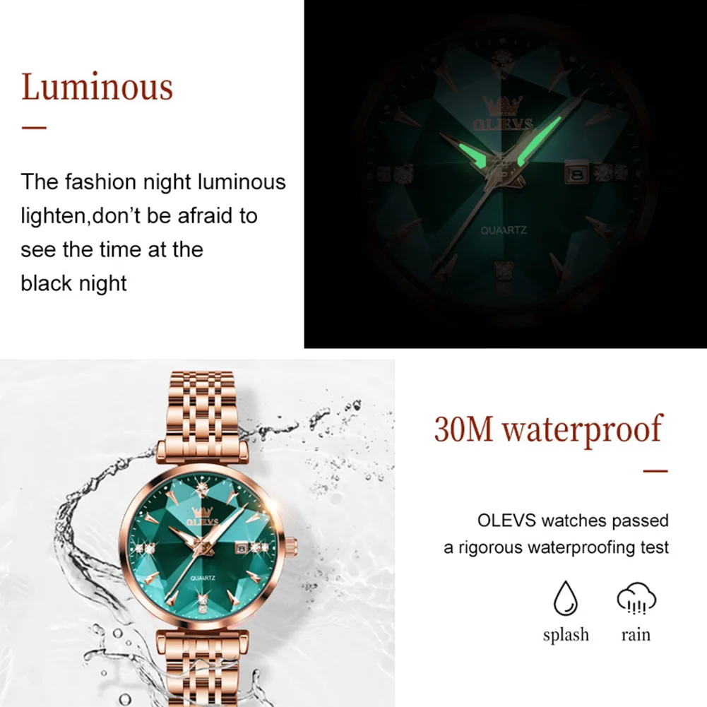 OLEVS Luxury Quartz Watch Women Rose Gold Solid Stainless Steel Strap Rhombus Design Elegant Original Brand Ladies Wristwatch