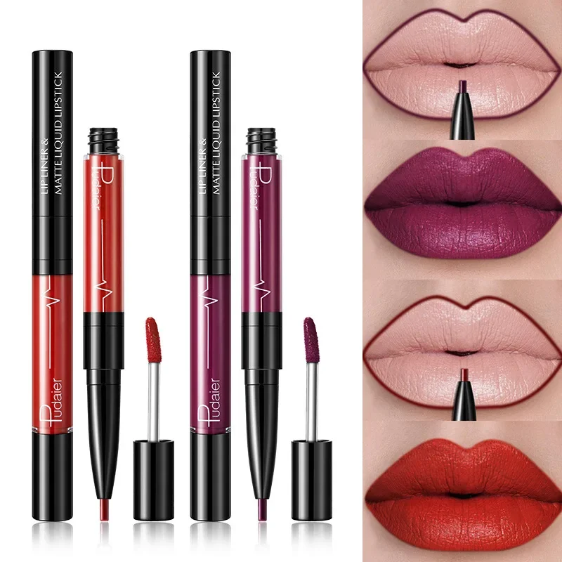 Hoge Kwaliteit 2in1 Matte Lipgloss Lippenstift Liner Potlood Waterdicht Langdurige Sexy Rode Lip Stick Lipliner Gloss Pen Cosmetica