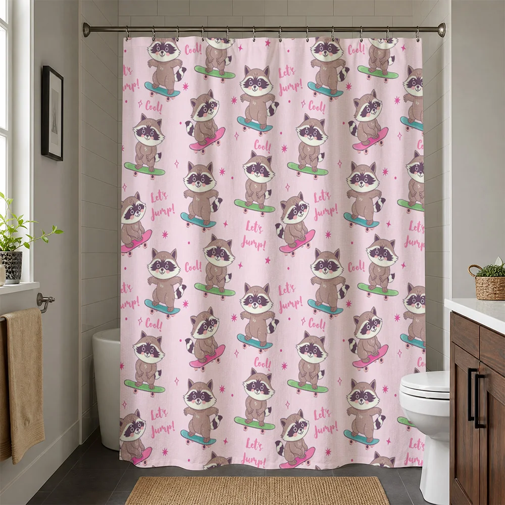 Waterproof Dog Skateboarding Shower Curtain Cute Puppy Cartoon Liner Bathroom Decor Pink Pastel Kawaii Pet Theme Shower Curtain