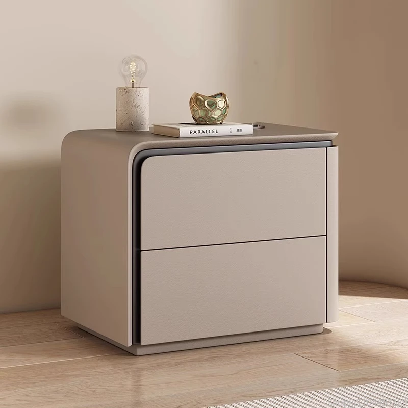 Modern Simple Light Luxury All Solid Wood Leather Bedside Table Italian Minimalist Advanced New Integrated Storage Cabinet