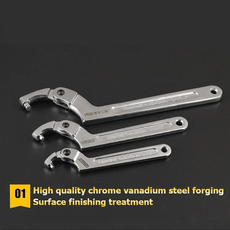 FUTE Adjustable Wrench Hook Spanner Square/Round Head CR-V Spanner Key for Round Bolt Hand Tools Universal 19-51/32-76/51-121mm