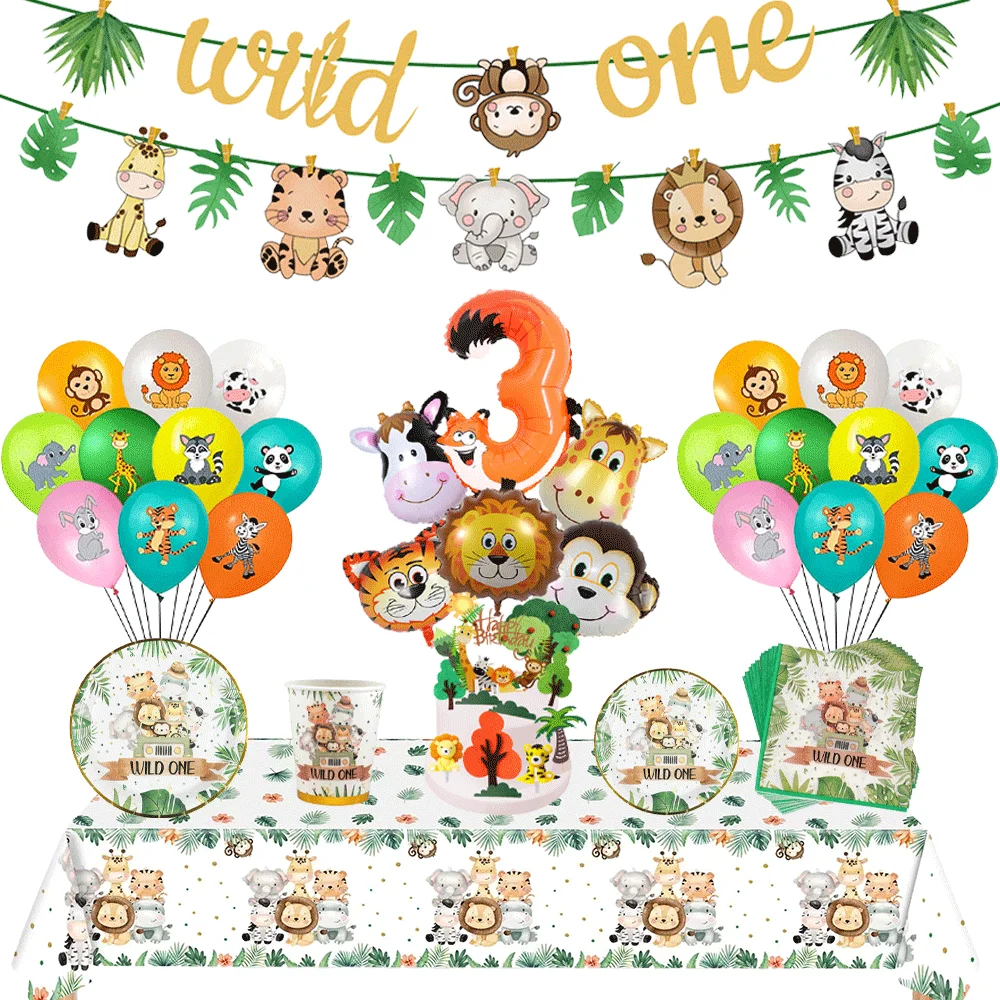 

Jungle Animal Wild One Birthday Tableware Plates Napkins Foil Animal Number Balloon Safari Party Decoration Baby Shower Supplies