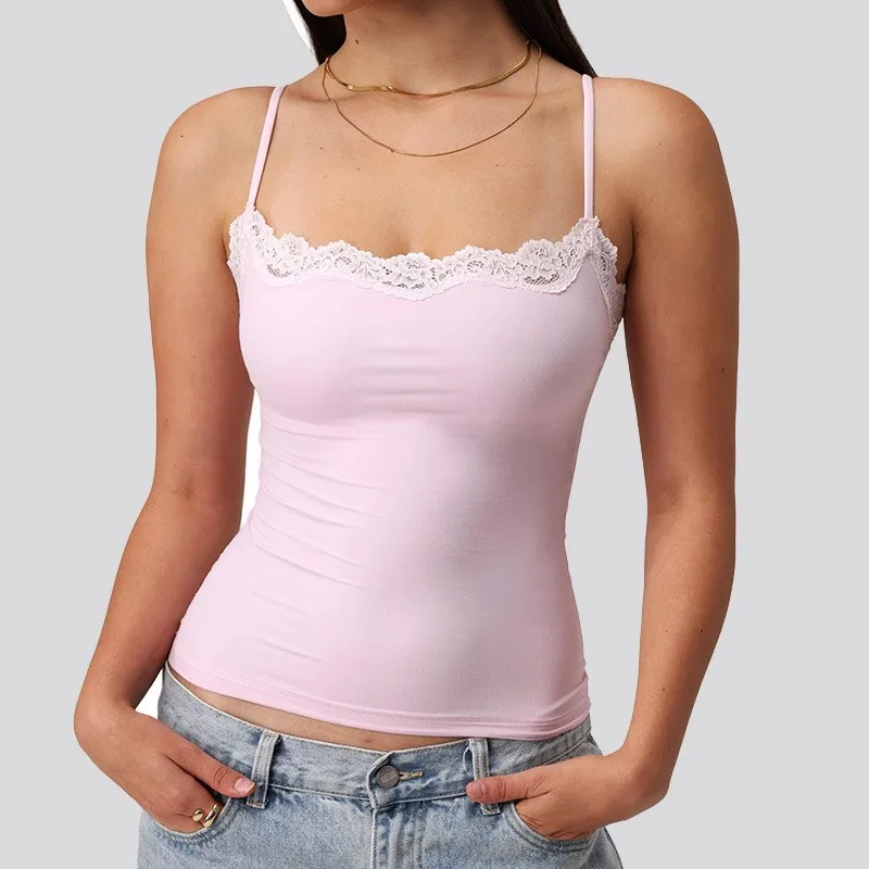 

Women's Slim Fit Spaghetti Strap Lace Trim Cami Tops Square Neck Open Back Crop Tanks Summer Fashion Solid Color Hotsweet Vest