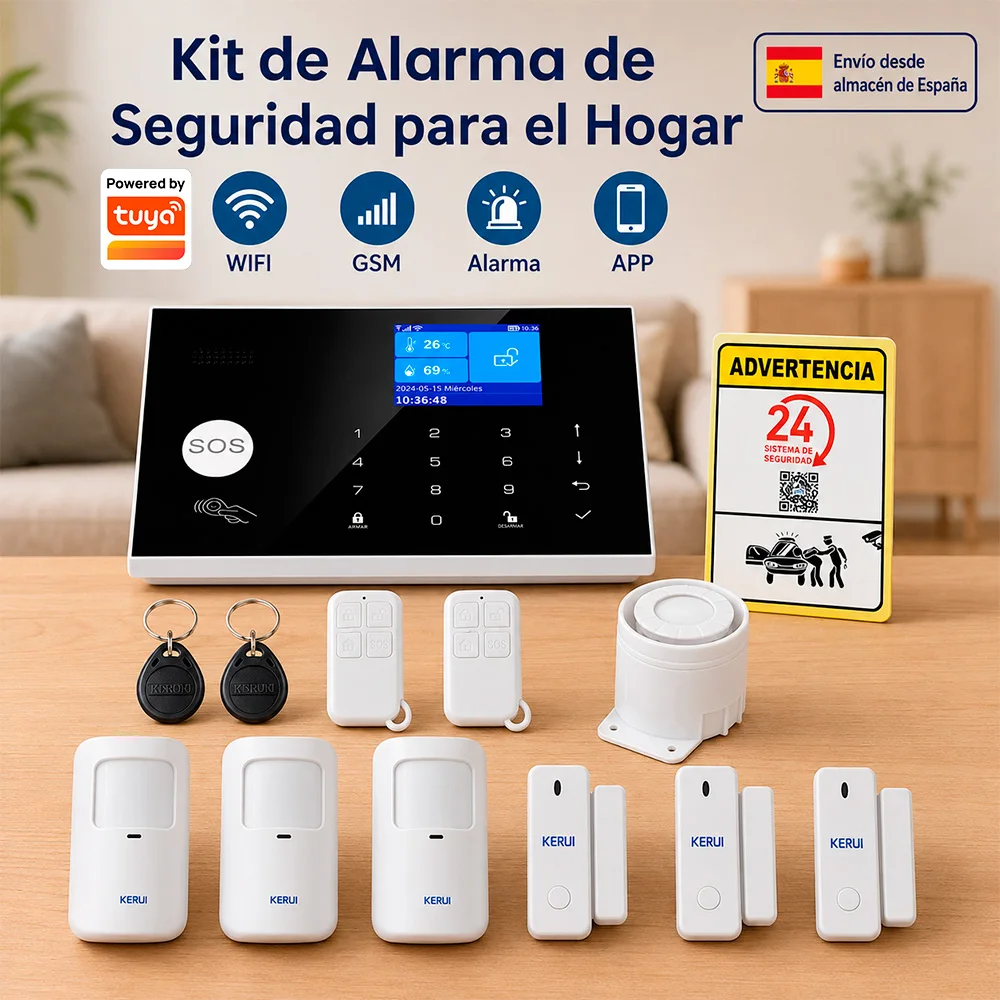 Système d'alarme domestique KERUI compatible avec Tuya Smart, avec affichage de la température/humidité, prise en charge Alexa, détecteur PIR, capteur de porte