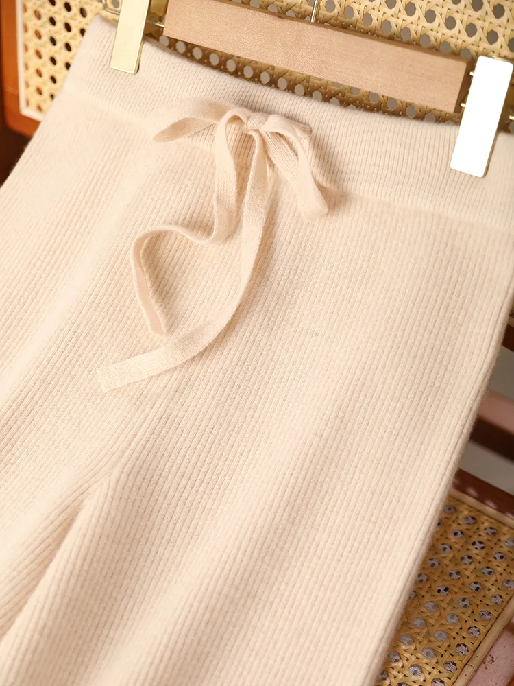 

Женские шерстяные широкие брюки на шнуровке с эластичной резинкой на талии, чистая шерсть, осень-зима, шикарные простые повседневные брюки из 100% мериносовой шерсти