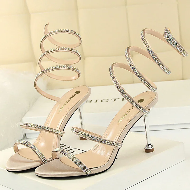 Summer Women 8.5cm High Heels Nightclub Silk Rhinestone Sandals Crystal Ankle Cross Strap Sandles Sexy Strange Gladiator Shoes