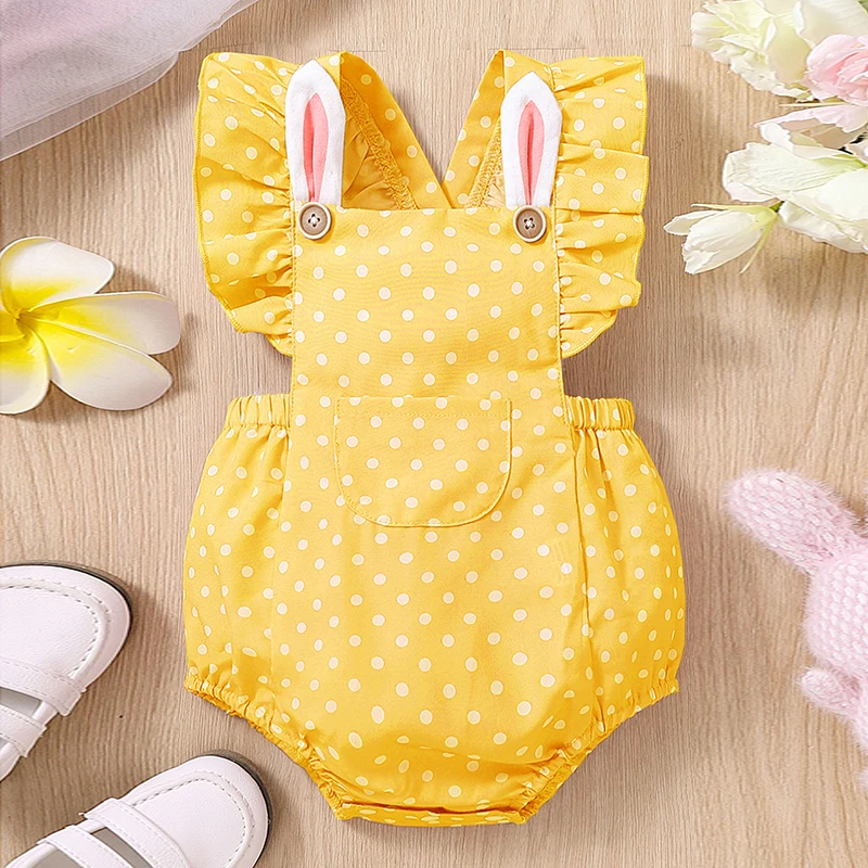 

Adorable Infant Easter Bunny Jumpsuit Polka Dot Pattern Short Sleeve with Pouch Cute Spring Outfit for Baby Girl