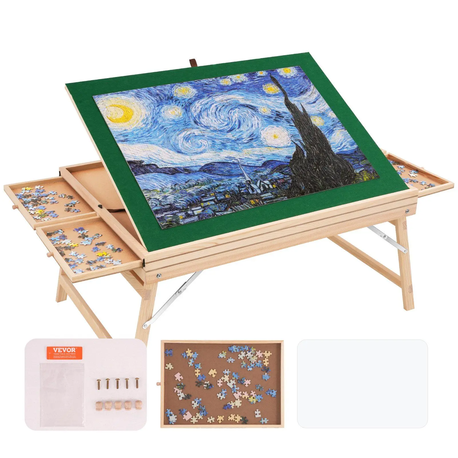 500 Piece Puzzle Table with Folding Legs, 4 Drawers and Cover, 32.7"x24.6" Wooden Jigsaw Puzzle Plateau, Adjustable 3-Tilting-An