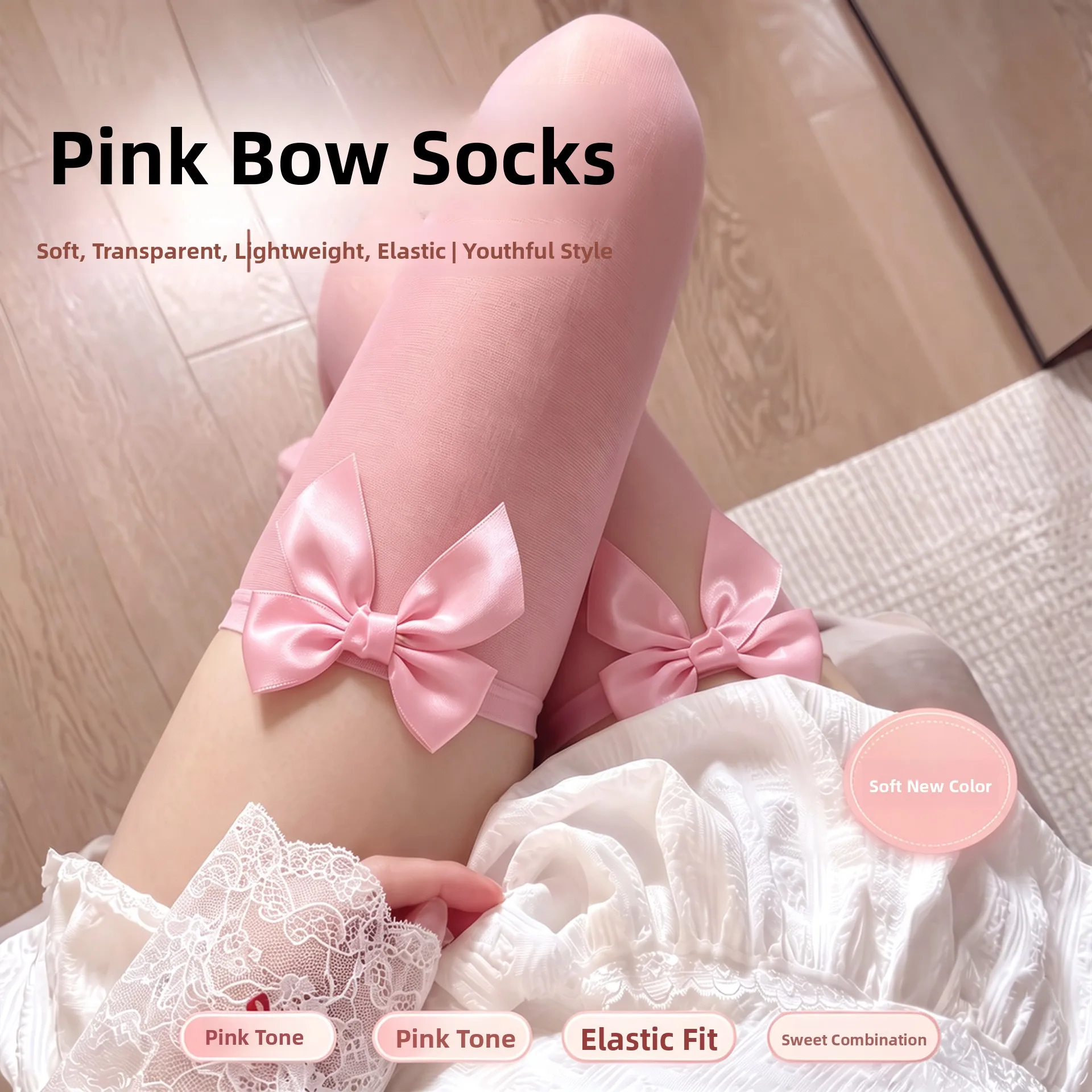 Medias largas sexys con lazo rosa, de seda negra, finas, por encima de la rodilla, para mujer, con liguero, lencería de puro ...
