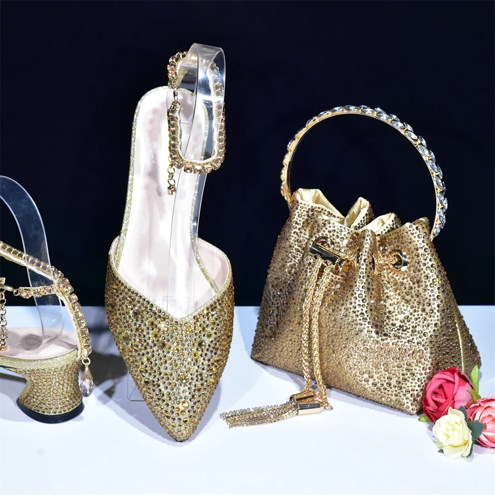 New Arrival Women Italian Handbag and Shoe Plus Size Shoes Luxury Nigerian Bag Set with Shoes Decorated with Rhinestone