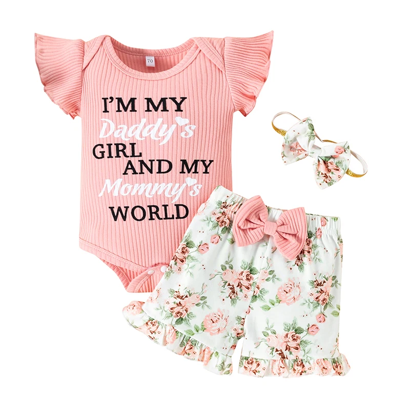 

Baby Girls Summer Outfits Letter Print Romper and Floral Shorts Cute Headband 3 Piece Clothes