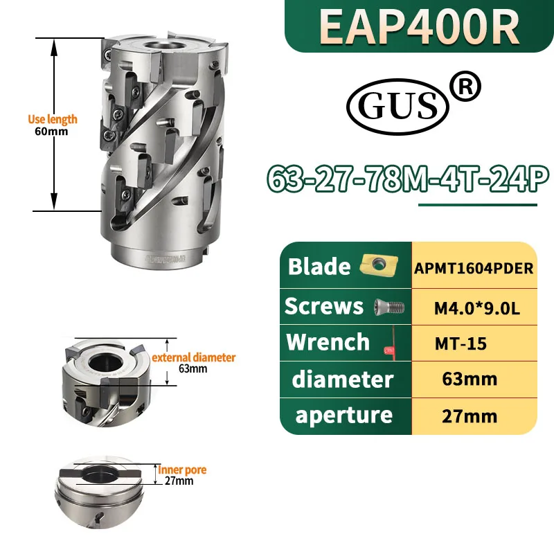 Imagem -06 - Eap 400r Bap400r 50 mm 63 mm Cabeça de Fresa de Milho em Espiral com Haste Reta para Corte em Desbaste para Ferramentas de Torno com Inserto de Metal Duro Apmt1604