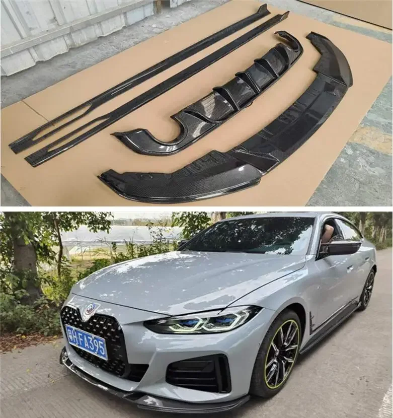 Hot!Front Bumper Lip+Rear Spoiler+Trunk Diffuser+Side Body Skirt For BMW 4 Series G26 Gran Coupe 2021 2022 2023 Carbon Fiber