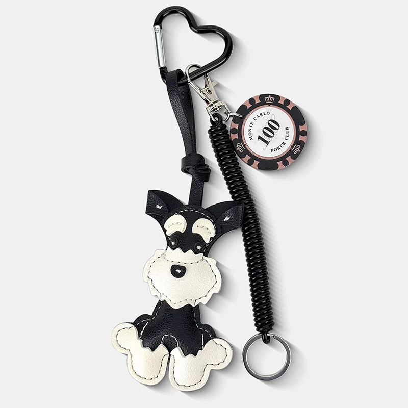Schnauzer Keychain PU Leather Animals Keyring Hanging Ornament Backpack Handbag Charm Gift For Men Women Korean Bag