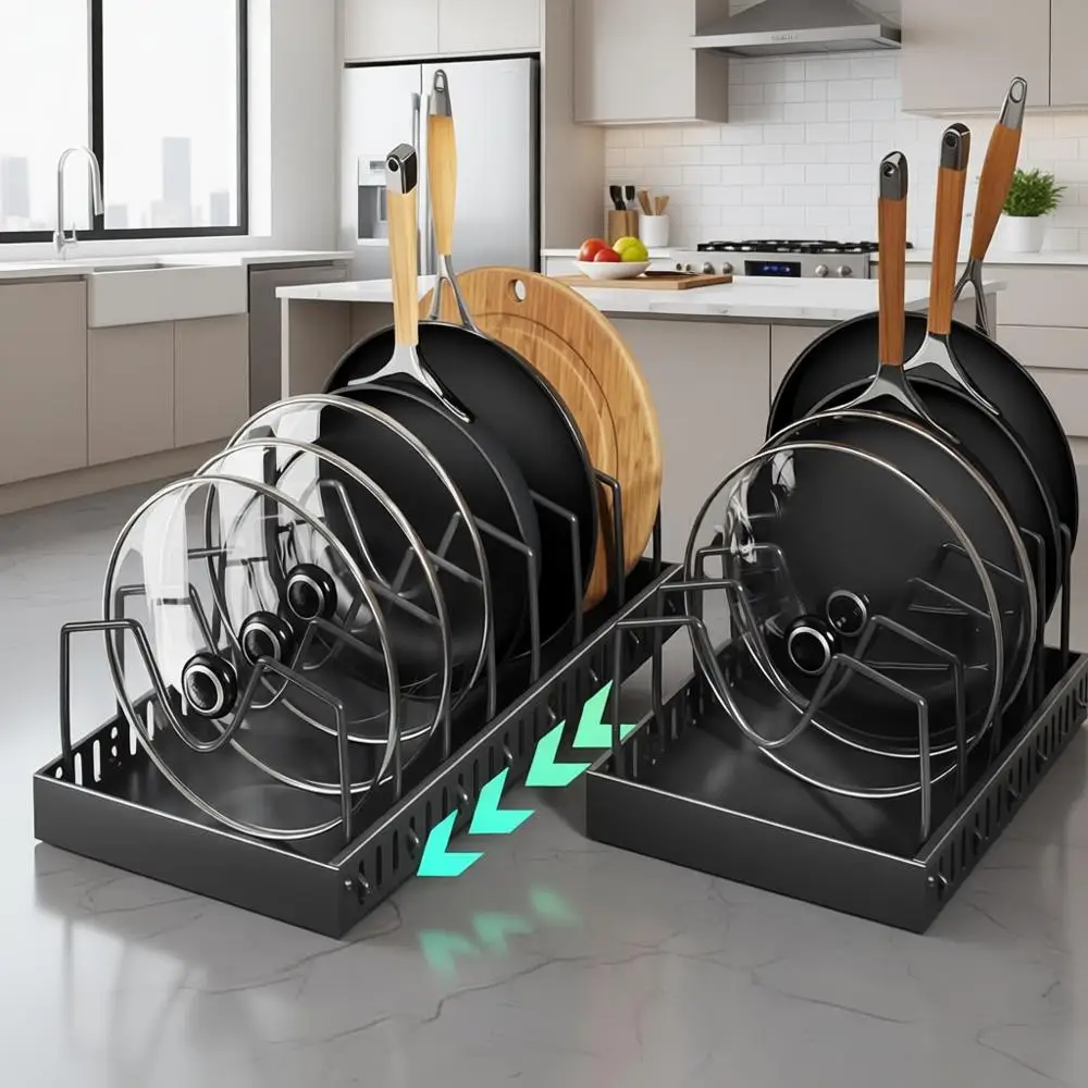 

Pull Out Pots and Pans Organizer Under Cabinet, Sliding Lid Holder, Pan Rack, Slide Out Inside Cabinet Storage, Pot Lid, Bakewar