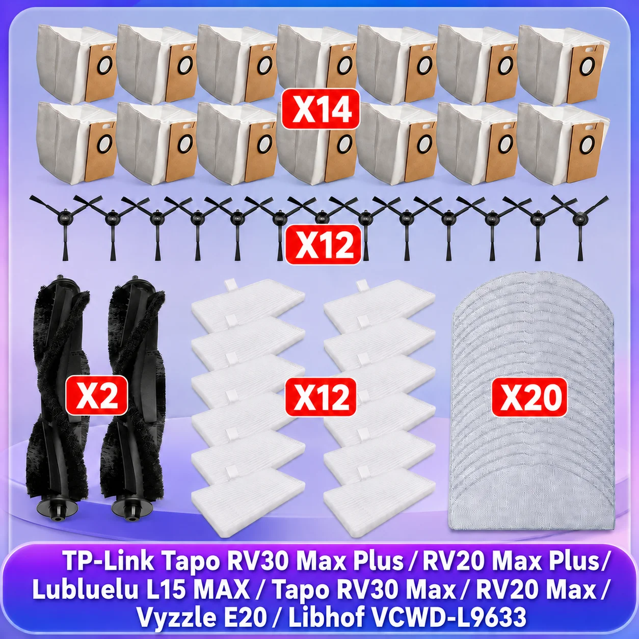 Passend für (Lubluelu B40 Plus, Lubluelu L15 MAX, Vyzzle E20, Libhof VCWD-L9633, TP-Link Tapo RV30 Max Plus / RV20 Max Plus / RV30 Max / RV20 Max) Teile: Staubbeutel, HEPA-Filter, Hauptbürste,