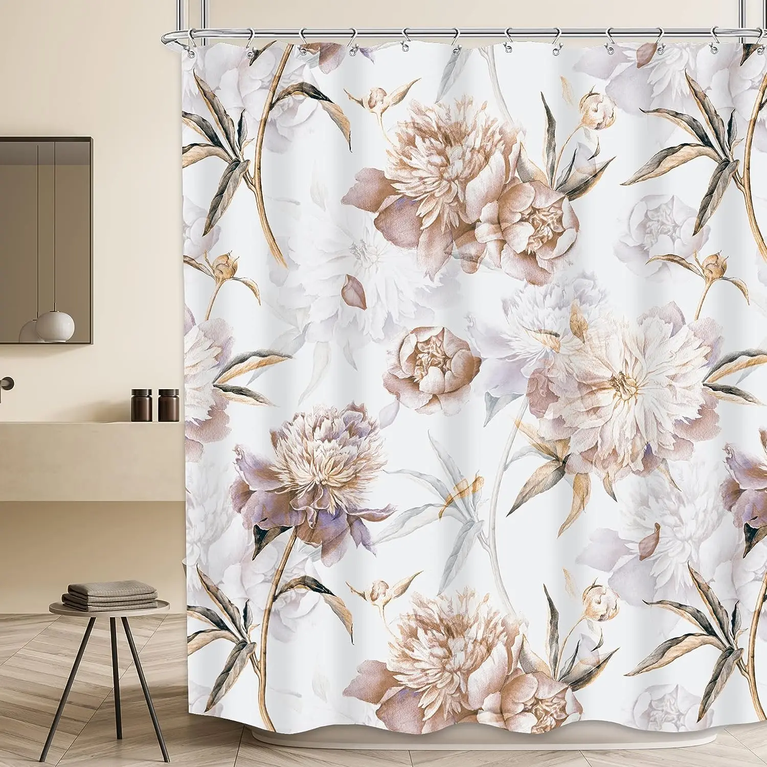 Peony Flower Printing Plant On White Background Odorless Shower Curtains For Bathroom Showers And Bathtubs Decor With Hooks