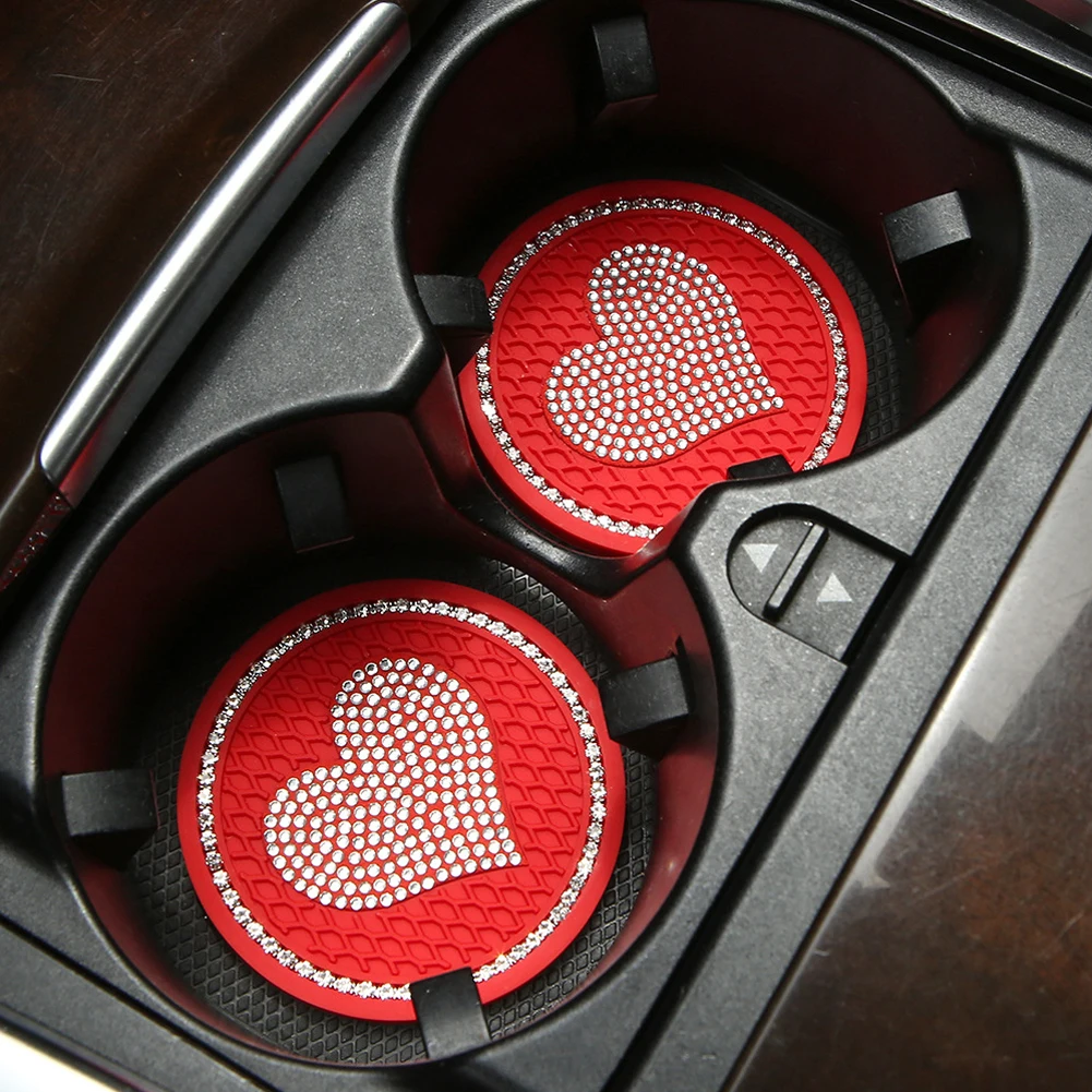 2PCS Heart Shape Car Diamond Coaster Water Cup Slot Non-Slip Mat Silica Pad Cup Holder Mat Auto Interior Decoration Accessories