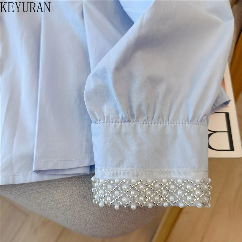 Camicie e camicette a maniche lunghe con scollo a V con perline primavera autunno Top da donna Moda coreana Vintage Solid Elegante Blusas Mujer Camisas