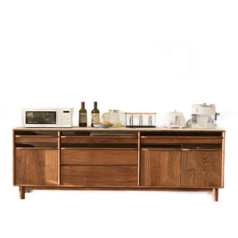 Solid wood dining side cabinet, integrated locker with rock slab against the wall