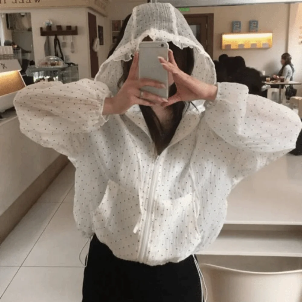 Casual Polka Dot Sun Protection Jacket Loose Fit Thin Hooded Jacket Long Bubble Sleeve Breathable Quick Dry Jacket