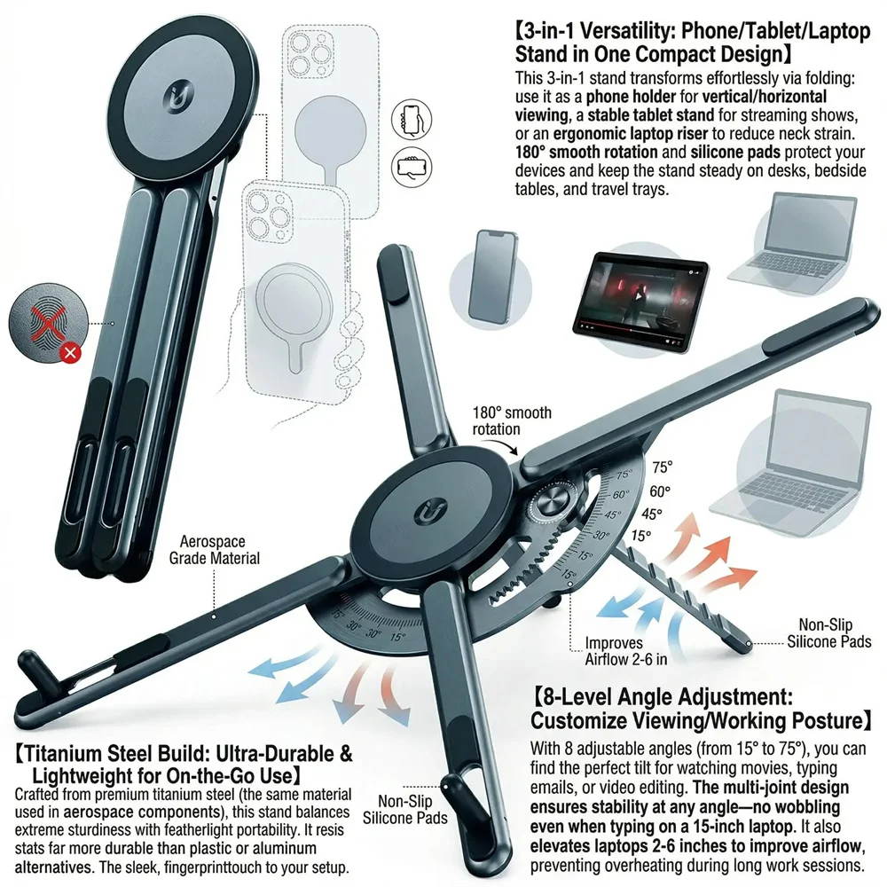 Adjustable Aluminum Alloy Laptop Stand Foldable Magnetic Desk Phone Holder Portable Selfie Stick Tripod For Phone Tablet Laptop