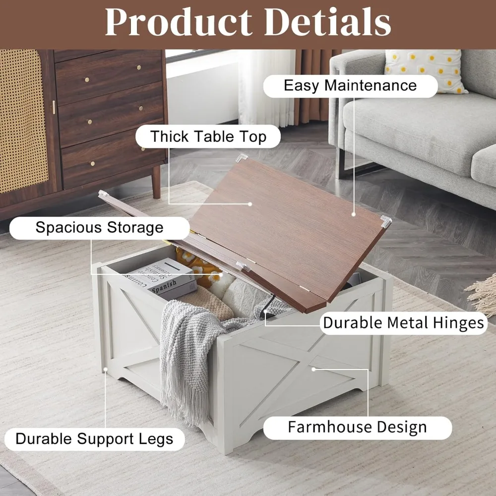Square Coffee Table with Storage, Farmhouse Rustic White Coffee Tables for Living Room, Wood Center Table with Hinged Lifting