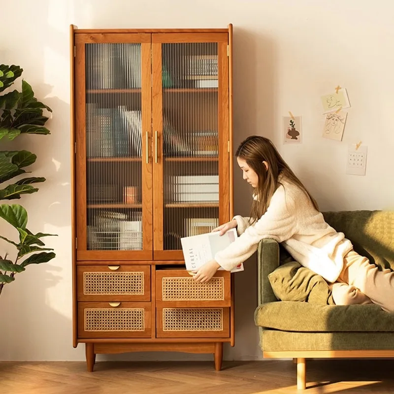 

Japanese-style simple storage cabinet Solid wood bookcase Glass floor-to-ceiling home furniture bookcase