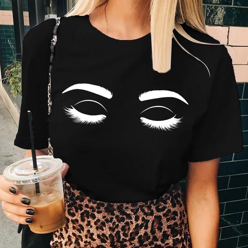 White Eyelash Print Women T Shirt Short Sleeve O Neck Loose Women Tshirt Ladies Tee Shirt Tops Camisetas Mujer