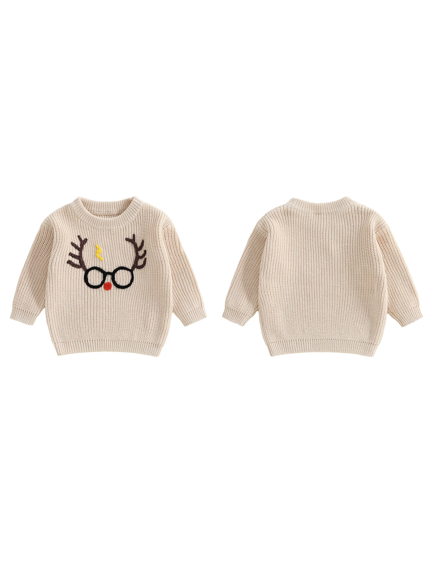 

Infant Cozy Knit Pullover with Cute Deer Antler Glasses Embroidery and Ribbed Crew Neck for Winter Warmth