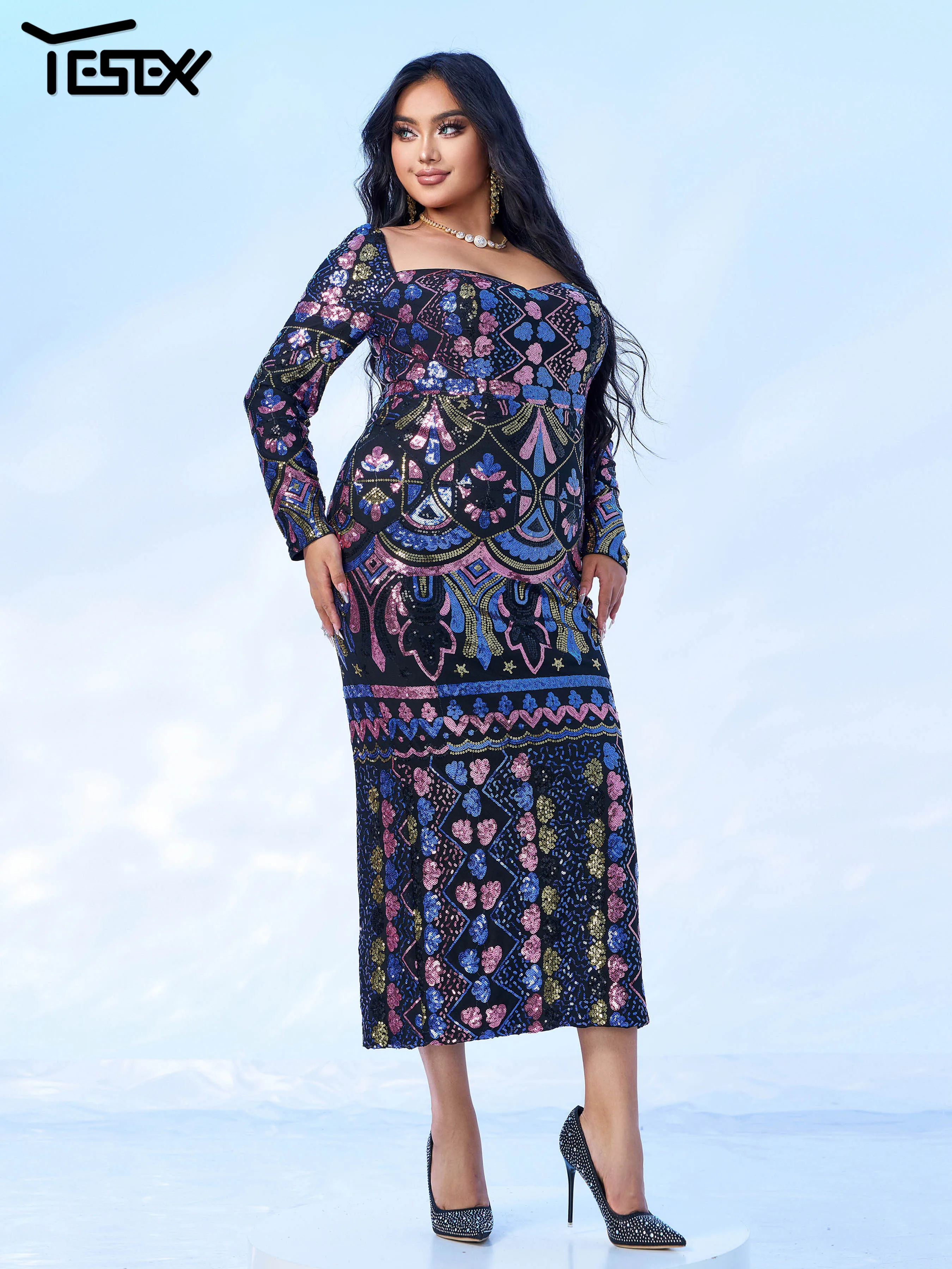 Yesexy New Plus Size Birthday Party Dress Square Neck Long Sleeved Midi Length Sequin Evening Gown Cocktail Prom Dress