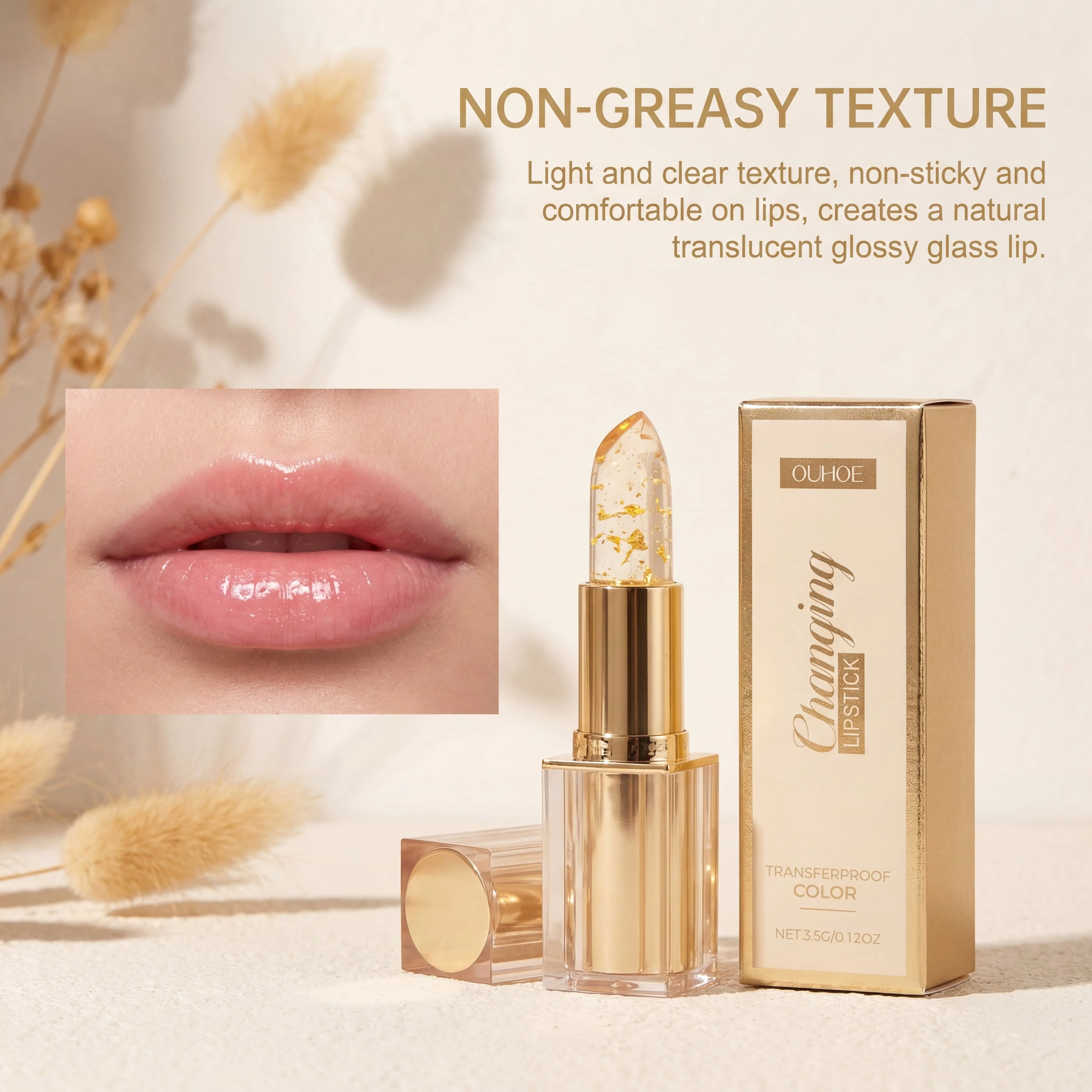 Goldfolie Lippenbalsam Farbwechselnder Lippenstift Temperaturabhängige Farbe Langanhaltend Hydratisierend Glänzend Tiefenpflegend Gelee-Lippenbalsam