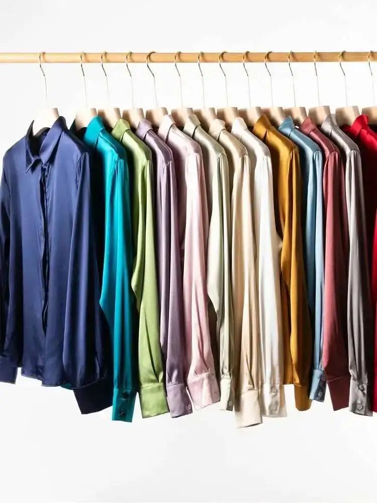 Women 93% Real Silk Long Sleeve Shirts Turn Down Collar Straight Loose Single Breasted Office Lady Tops