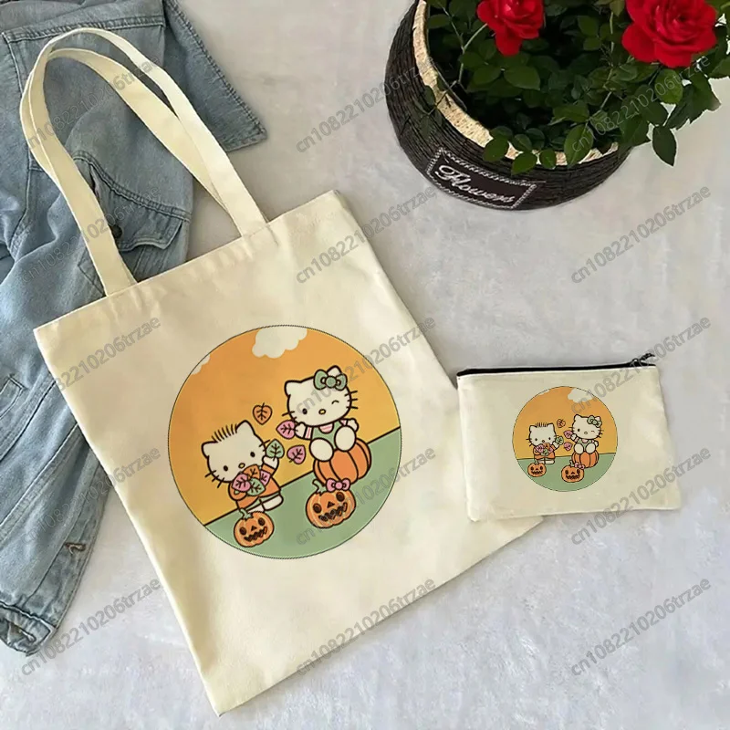 

Милая холщовая сумка Hello Kitty с мотивирующим принтом «Любовь, Сила, Поддержка», повседневная большая сумка для женщин, дамская сумка для покупок