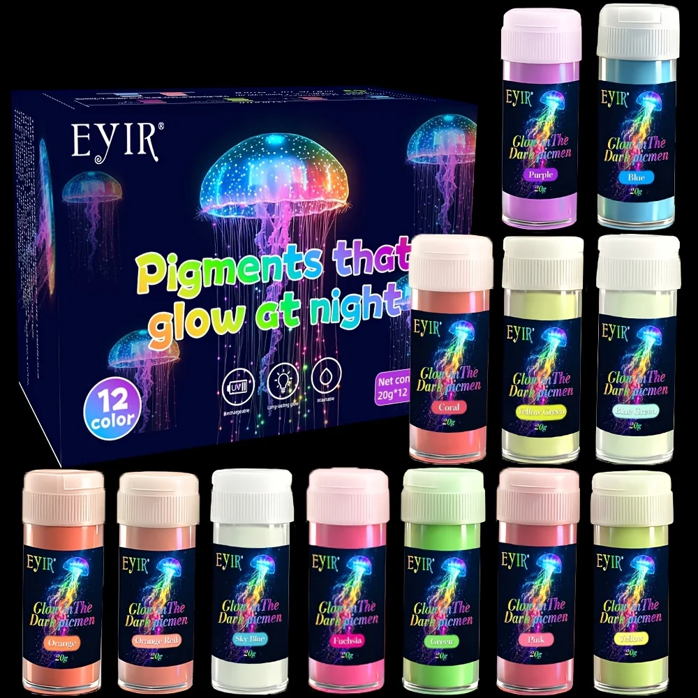 12 piezas - Juego de cajas de polvo que brillan en la oscuridad, polvo de pigmento que ilumina en la noche, seguro y duradero, artículo para pintura corporal