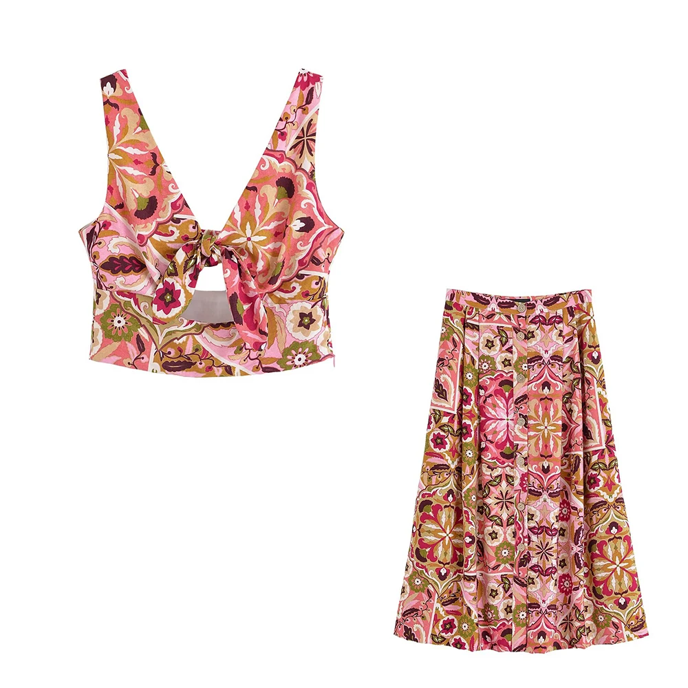 

Summer women's V-neck printed knot decoration vacation style top button high waist retro style MIDI skirt set