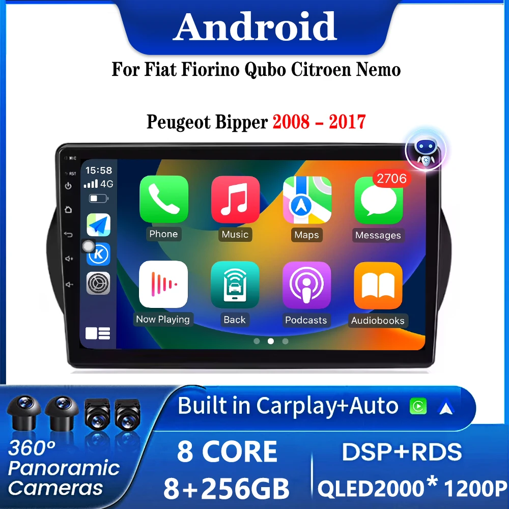 

4G Car Radio Multimedia Player Android 14 For Fiat Fiorino Qubo Citroen Nemo Peugeot Bipper 2008 - 2017 Carplay Auto QLED Screen