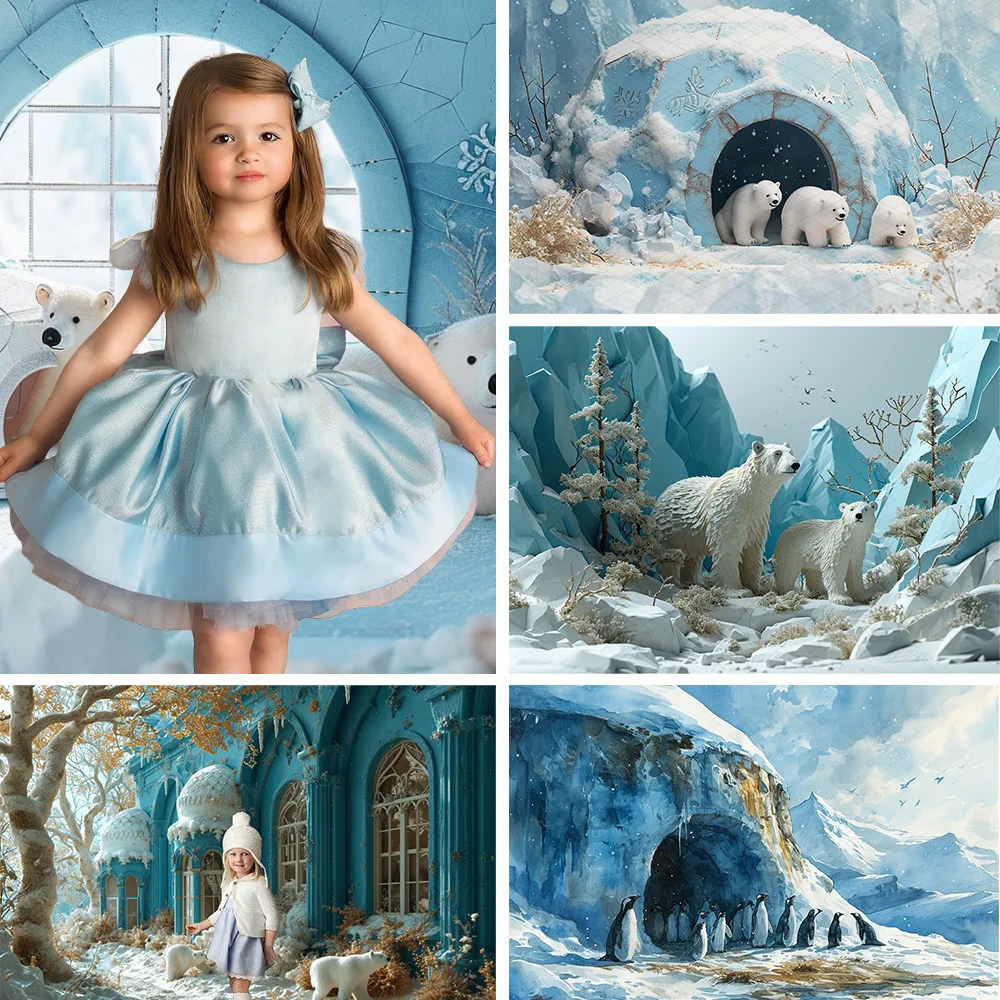 Photography Backdrop Igloo Decor Snowflakes Watercolours Indigo Polar Bear Baby Shower Birthday Portrait Background Photo Studio