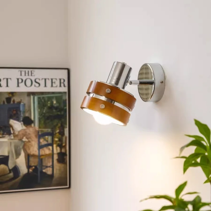 

Medieval Bauhaus bedroom bedside bar small wall lamp Japanese style silent wind retro solid wood walnut color wall lamp