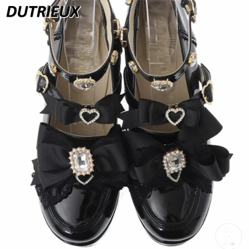 Rhinestone Heart Double Japanese Style Lolita Pumps Spring Autumn Round Head Chunky Heel Women\'s Platform Shoes 2024 New